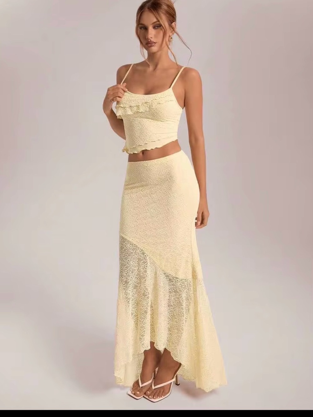 SHEIN Pale Yellow Lace Maxi Two-Piece Set